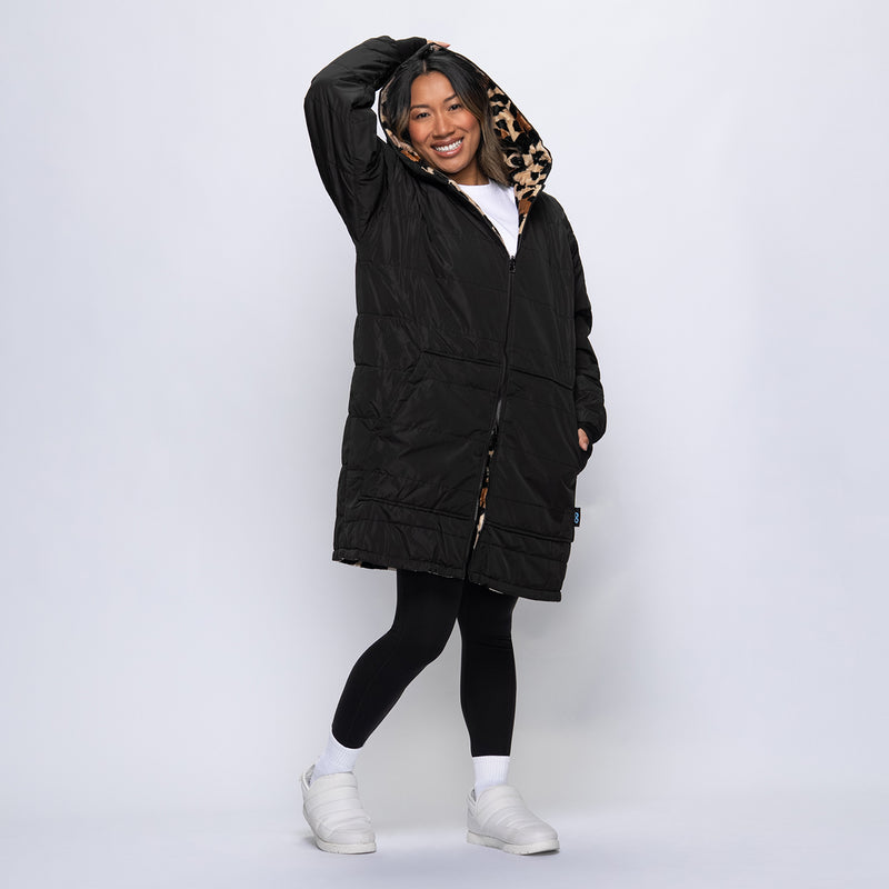 Black/Leopard Long Puffer Jacket