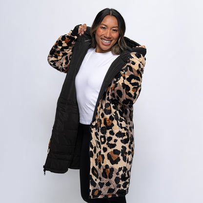 Black/Leopard Long Puffer Jacket