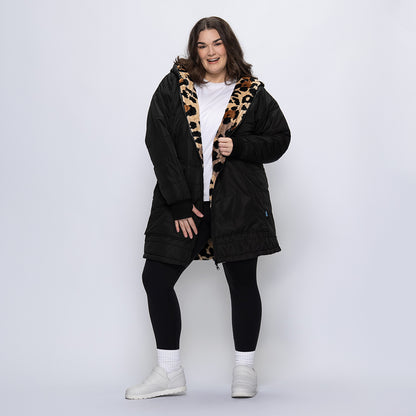 Black/Leopard Long Puffer Jacket